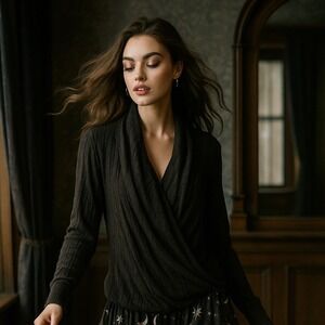 Maeve Anthropologie Knit Gray Faux Wrap Sweater Womens Small Chic Whimsigoth